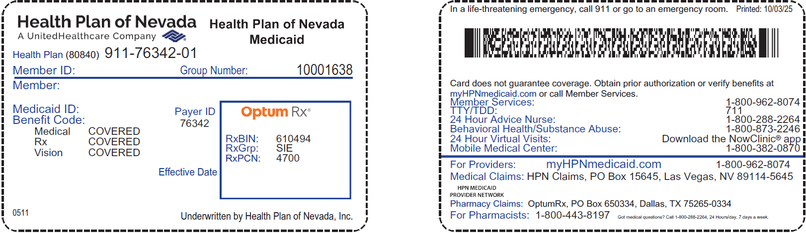 Ejemplo de la tarjeta de identificación del Plan UnitedHealthcare Health Plan of Nevada Medicaid
