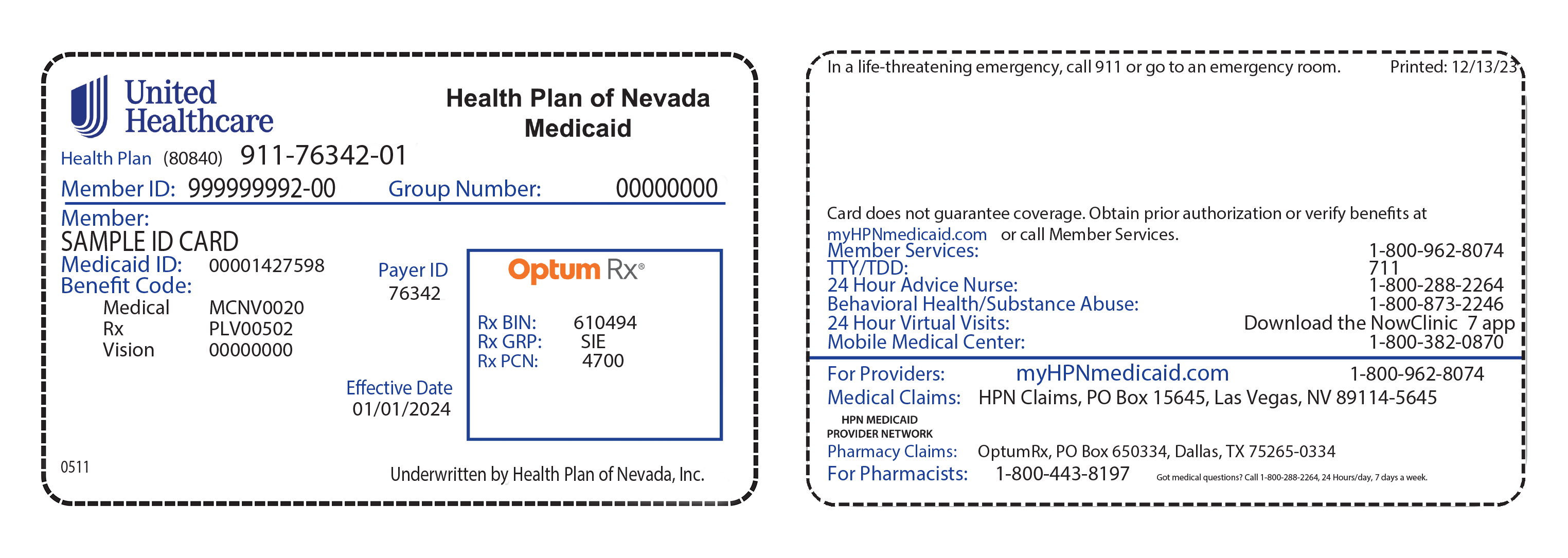 Ejemplo de la tarjeta de identificación del Plan UnitedHealthcare Health Plan of Nevada Medicaid